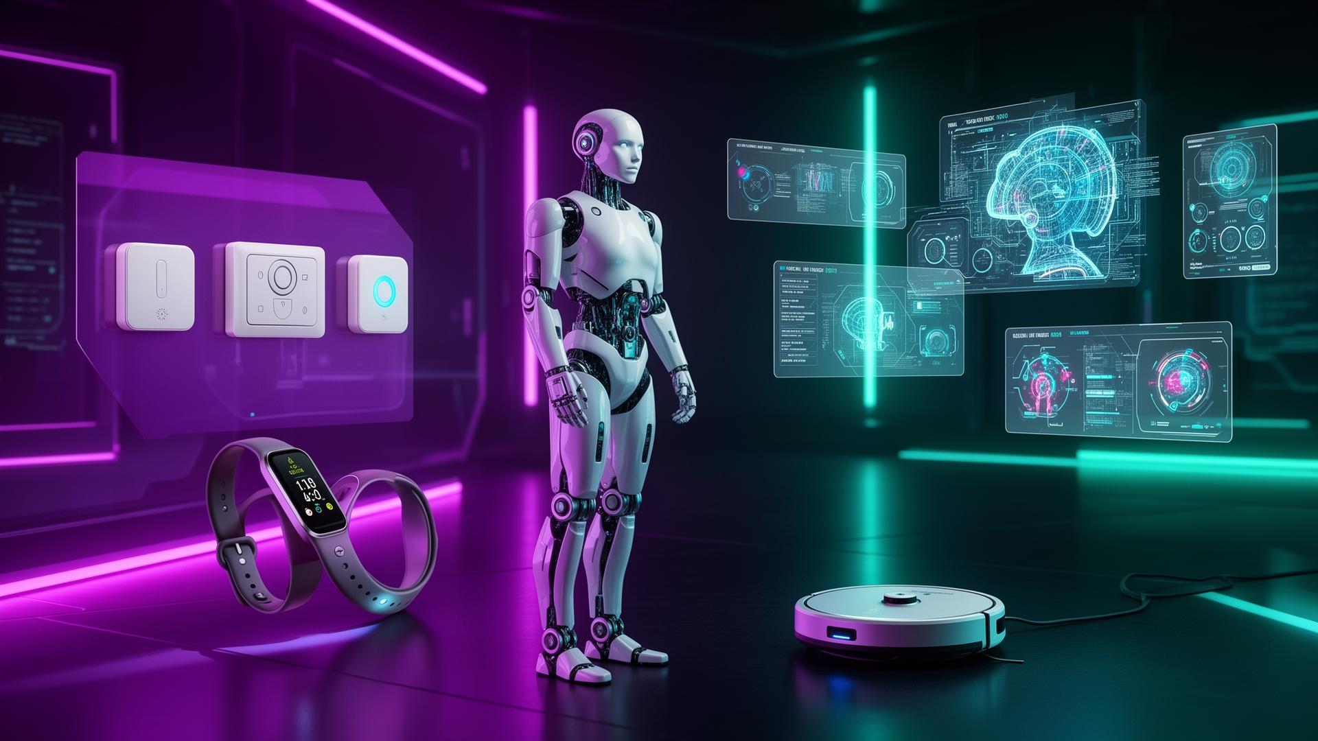 Futuristic AI and robotics ecosystem with humanoid robot and holographic UI