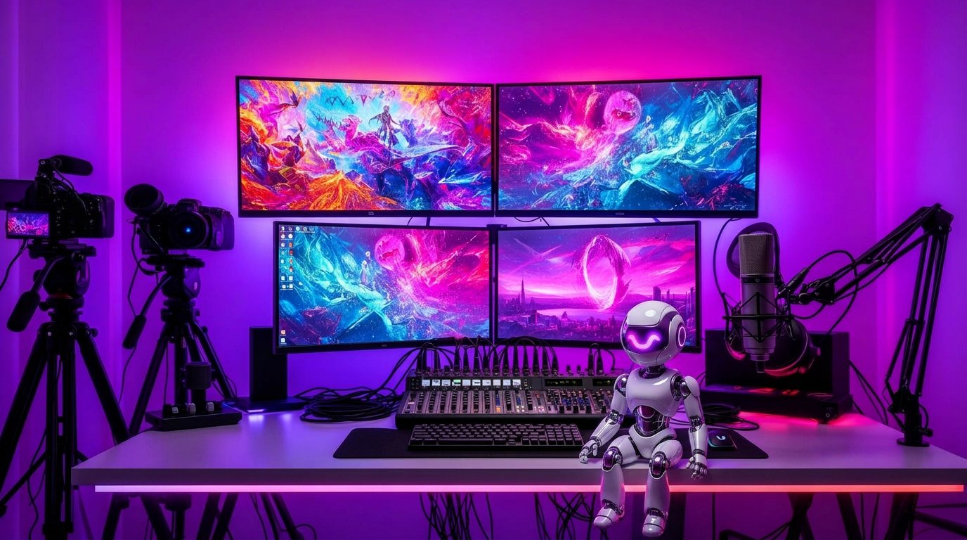 Cinematic creator workstation with ultrawide monitors, microphone, camera and RGB LED lighting